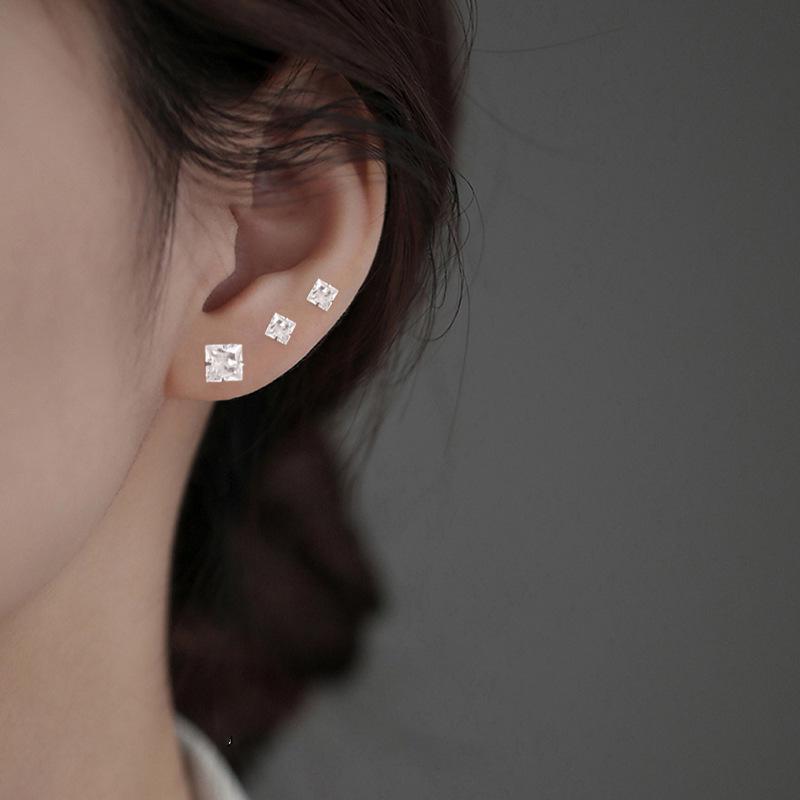 Korean Style Petite Square Zircon Stud Earrings for Pierced Ears - Simple Nude Diamond Cartilage Studs for Layering