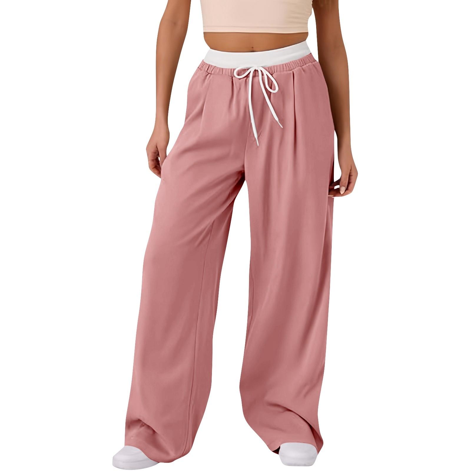 

Женские модные цветные широкие брюки с завязками на завязках, повседневные, с высокой талией и карманами, прямые свободные брюки M розовый