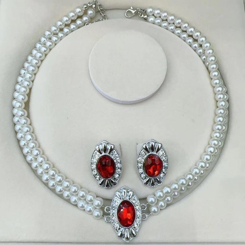 Retro Imitation Pearl Multi-layer Necklace - Green Rhinestone Luxury Necklace