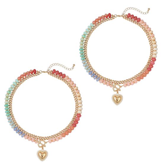 Preppy Aesthetic Beaded Necklace Women Layered Necklace, Heart Pendant Colorful Bohemian Choker Jewelry for Summer Beach Party