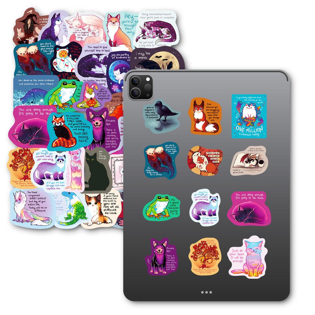 50 Cartoon Healing Text Stickers Cute Animals Colorful Daily Stickers Hand Note Diary Decoration Stickers