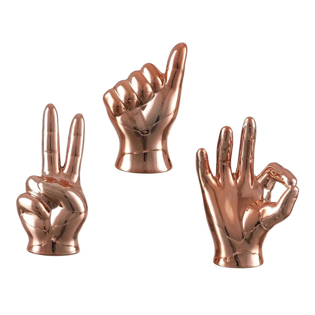Set of 3 Hand Sign Gesture Showpiece Statue Collectible Figurines (Ceramic, Copper) for Home Decor Living Room Bedroom Wall Shelf Office Table