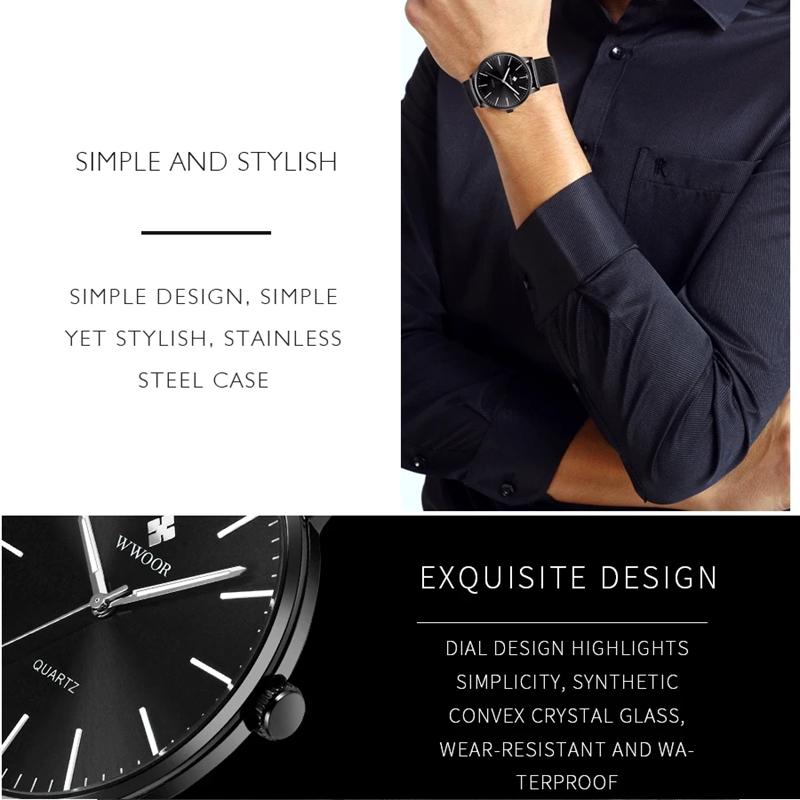 WWOOR Gold Watches Ultra Thin Simple Men Quartz Watches Waterproof Mesh Belt Full Stainless Steel Wristwatch