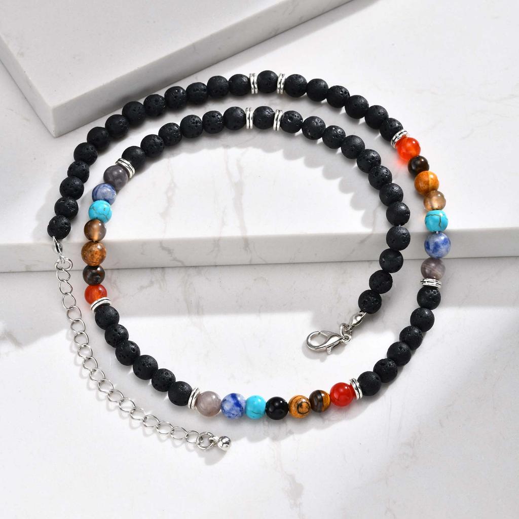 Boho Colorful Natural Stone Beaded Necklace, Vintage Trendy Stainless Steel Choker Necklace for Men, Waterproof Jewelry Gift