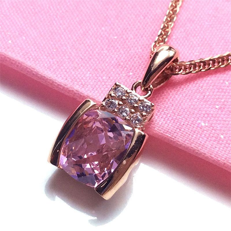 Purple Gold Peach Pink Stone Shiny Pendant, Simple Temperament Rose Gold Plated Necklace