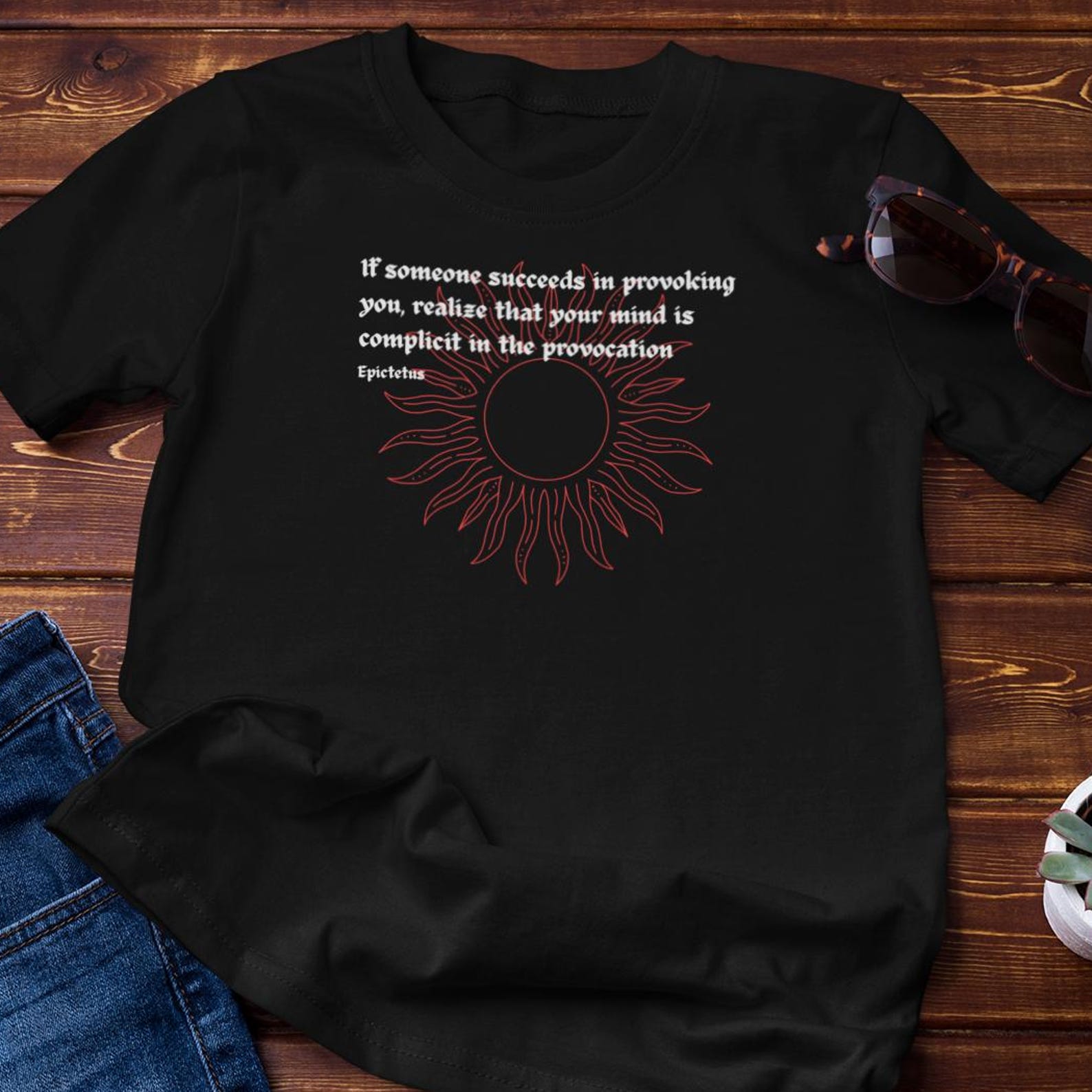 Stoic Tee - Epictetus Quote - Can t be provoked without your participation - Cotton T-Shirt L