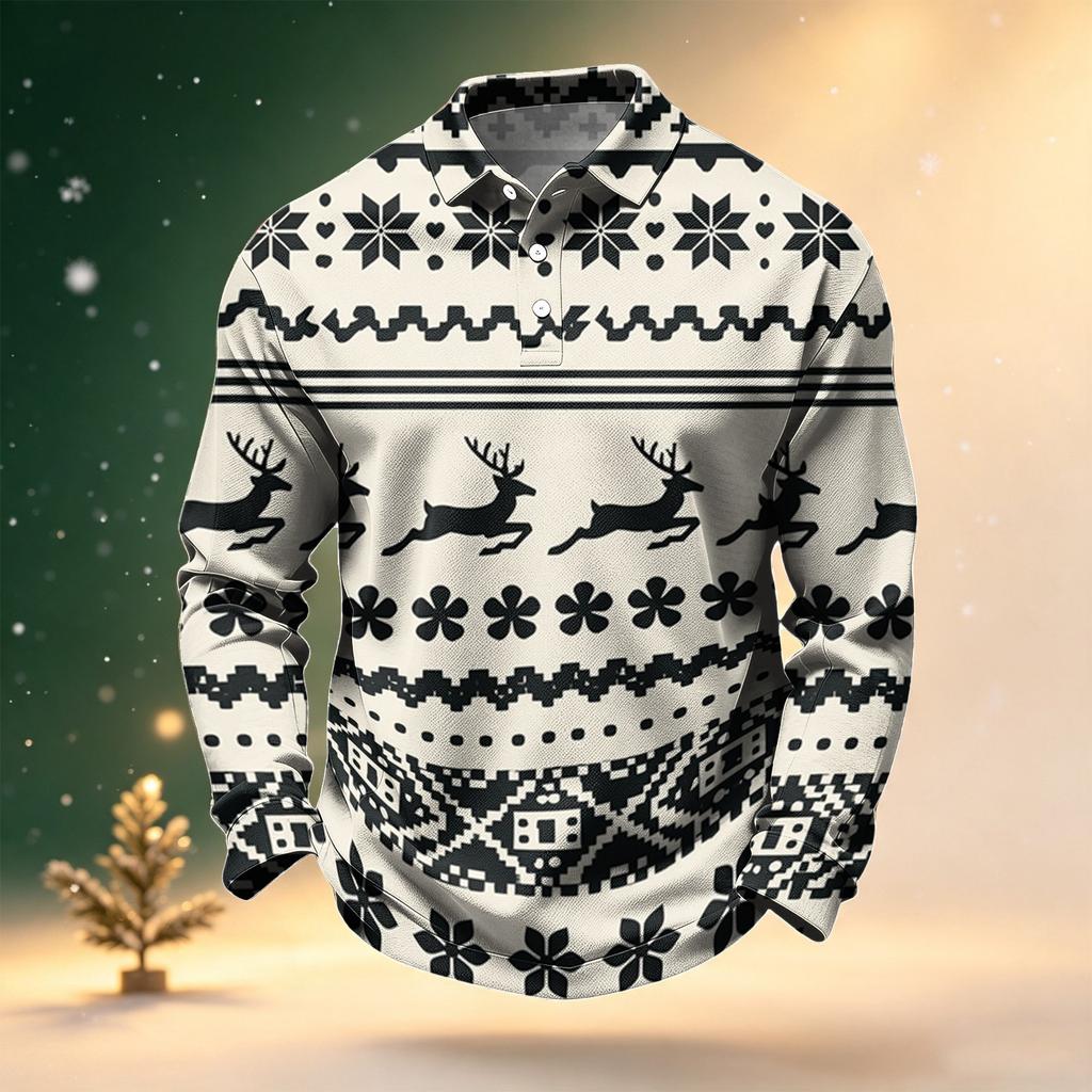 Men's Golf Shirt Long Sleeve Casual Christmas Print Quick-Dry Mesh Top