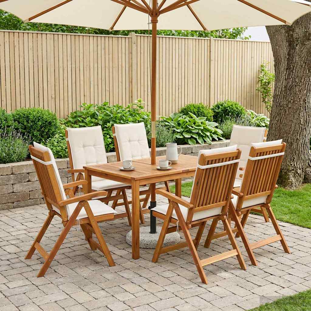 7 Piece Garden Dining Set 6 Seater Cream Solid Wood Acacia