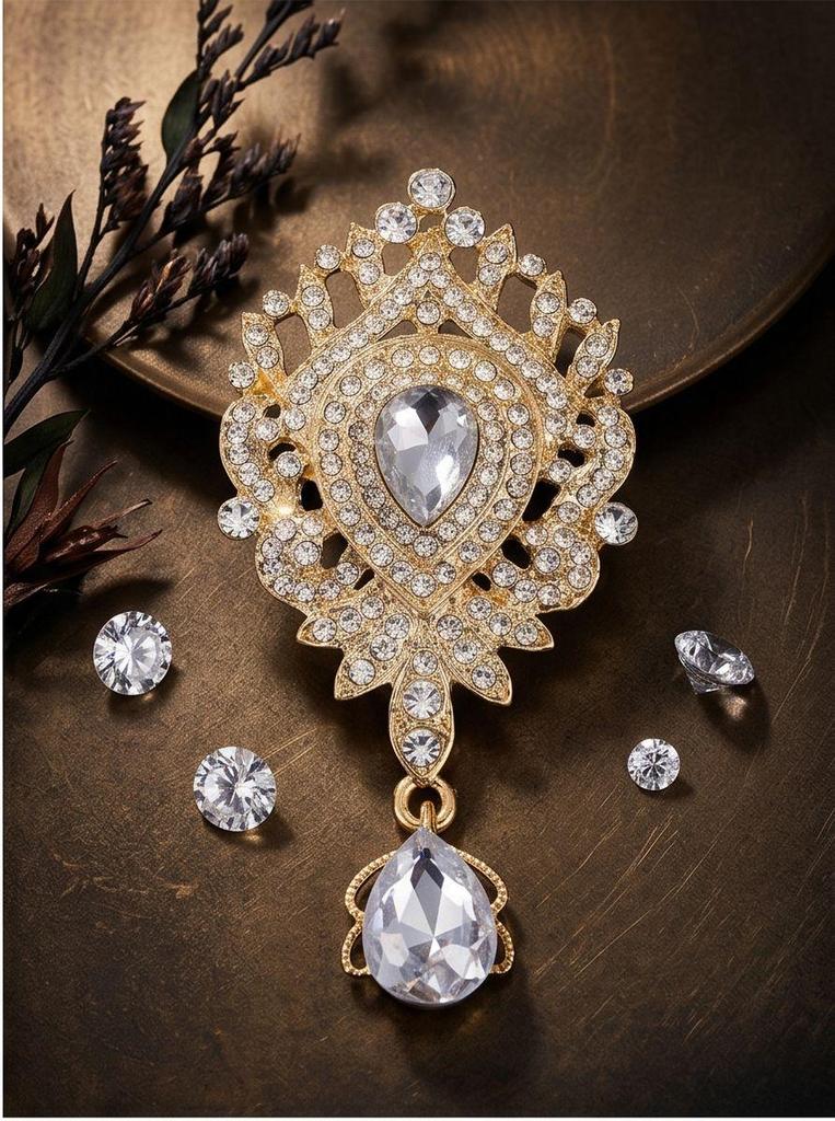 Vintage European-American Rhinestone Teardrop Brooch with Crown Pendant - Elegant Women's Accessory