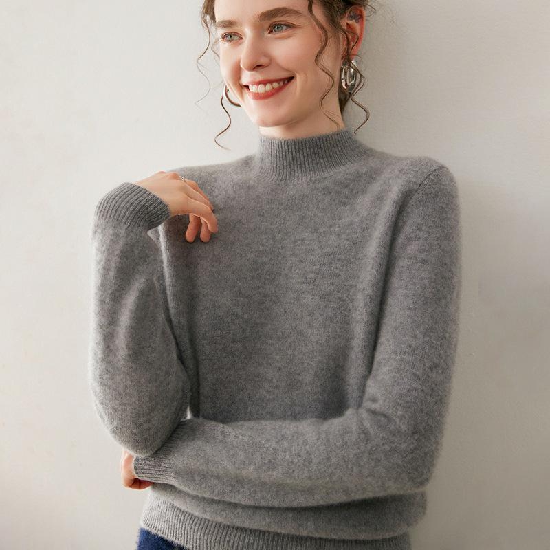 Women's Cashmere Sweater, Soft & Sticky, Half-High Collar, Solid Color, Seven-Gauge Knit, Thick Base Layer, Slimming Versatile Top.