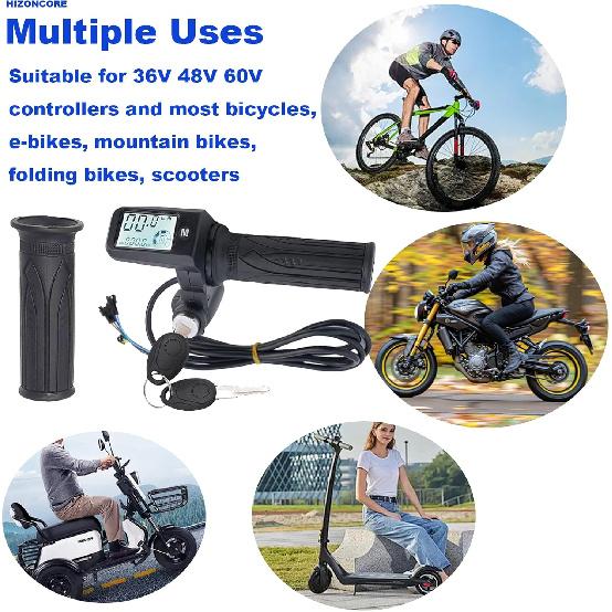 Full Twist Throttle, 8 Pin EBike Throttle 36V/48/60V Universal with 3 Speed Adjustment, LCD Speed Display, Key Switch, Electric Scooter Twist Grip