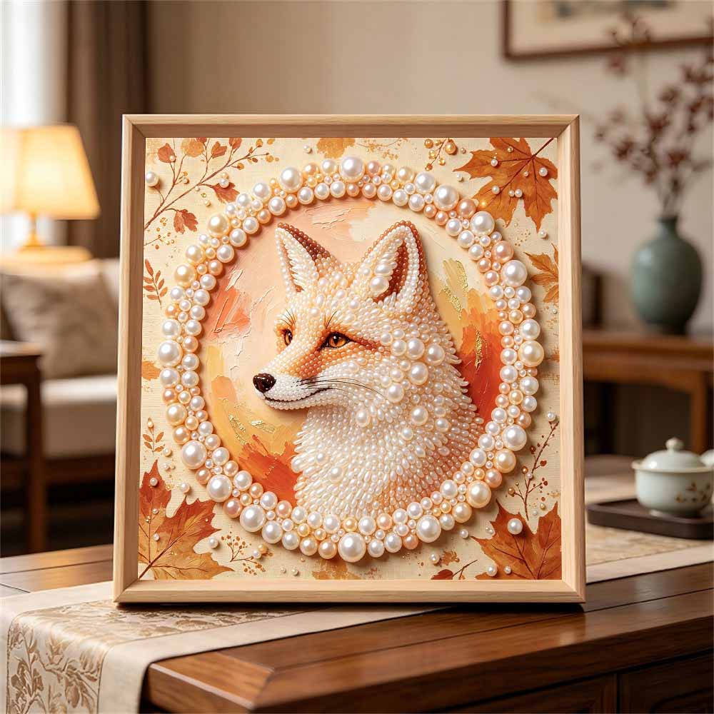 5D Framed Pearl Painting Kit Autumn Fox Motif Sparkling Bead Art Canvas Ready To Display Romantic Home Decor Gift Exquisite Craftsmanship