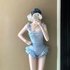 Sweet Feminine Ruffled Waist-Cinching One-Piece Swimsuit Women Blue Plaid Quick-Dry High-Elastic Plus Size M/L/XL