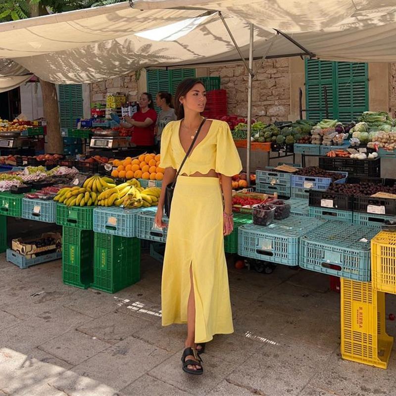 

Цветочный принт длинные юбки костюмы женские сексуальные пышные рукава с глубоким вырезом короткие топы с высокой талией юбка с разрезом женские комплекты из 2 предметов XL жёлтый