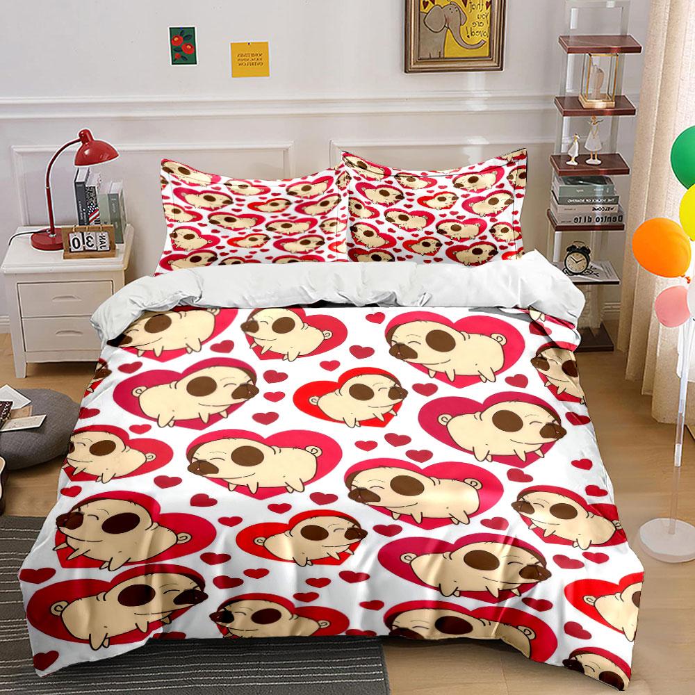 "Cartoon Pug Love Three-Piece Set" Bedding Set with 1 Duvet Cover 2 Pillowcases Single Double King Queen, Gift