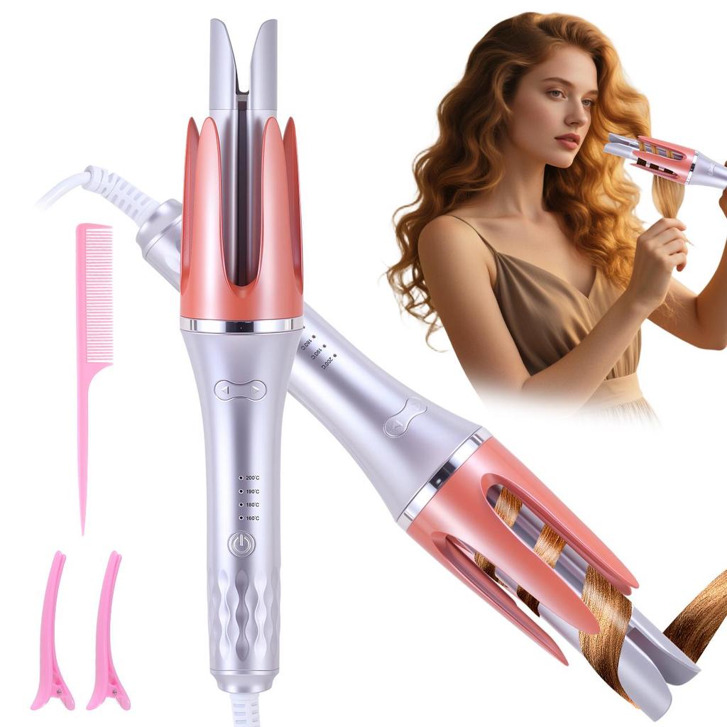 Automatischer Lockenstab mit Temperaturregelung, 360° rotierender Lockenstab für langes/kurzes Haar + Haarspangen & Kamm