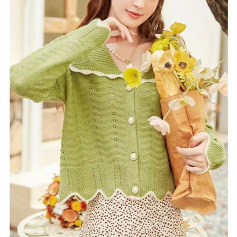 Doll collar knitted cardigan women's spring clothing new hollow thin sweater jacket thin top