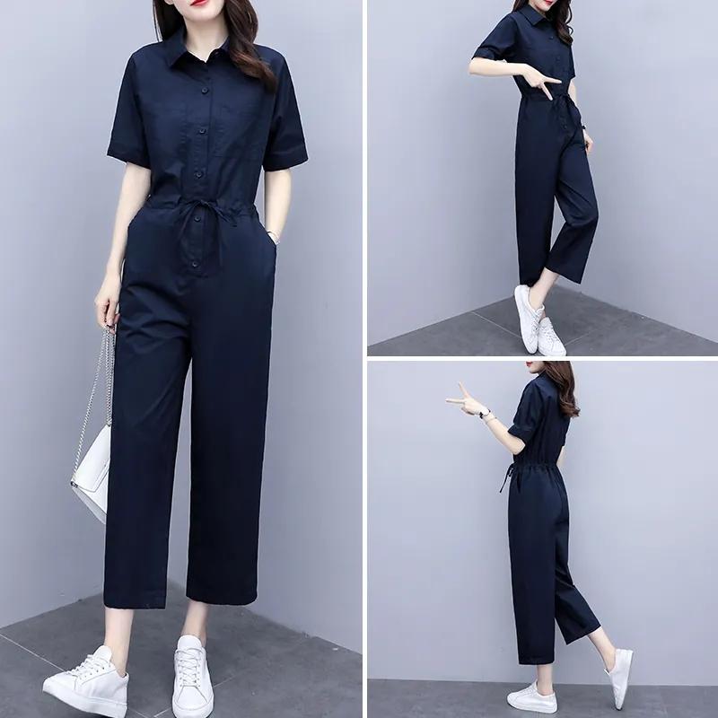 Summer Rompers Ice Silk Korean High-Waist Short-Sleeved Jumpsuit with Waist Fashion Casual Suit Jumpsuit Streetwear Lady