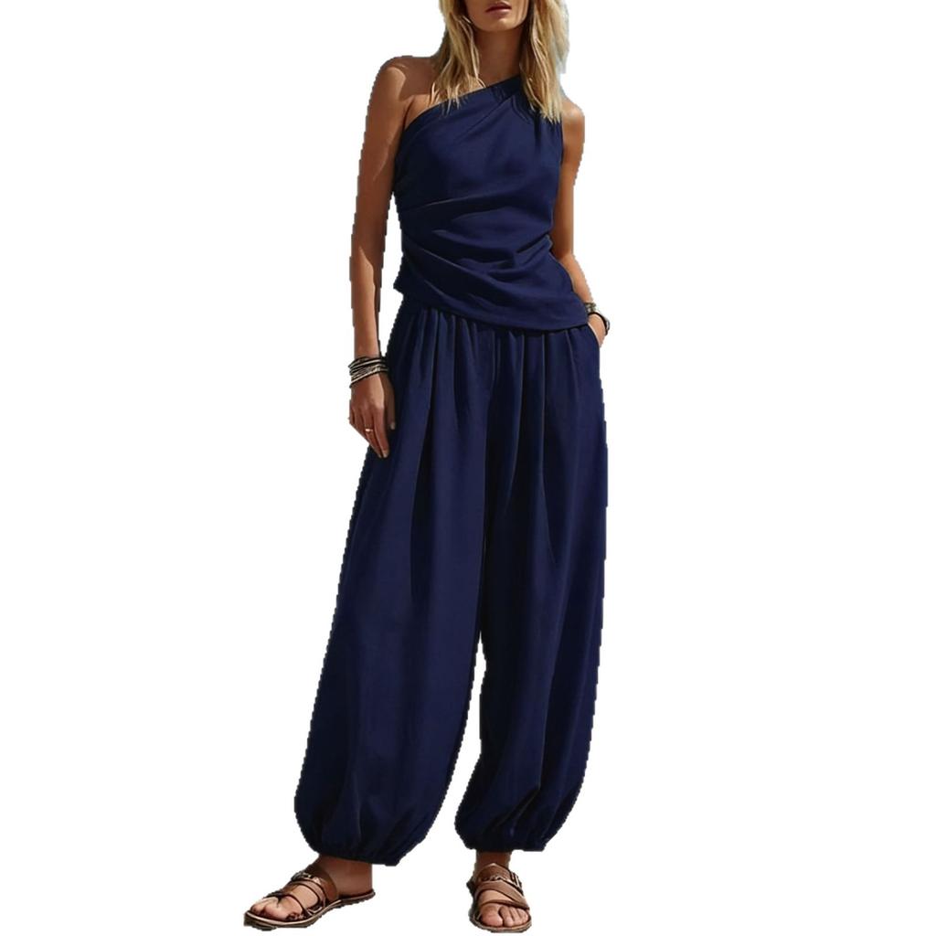 Womens Multi-Color Casual Two-Piece Set Off Shoulder Top with Loose Wide Leg Pants