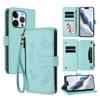 For iPhone 15 Pro Leather Case Butterfly Floral Imprint Zipper Wallet Stand Cover with Wrist Strap