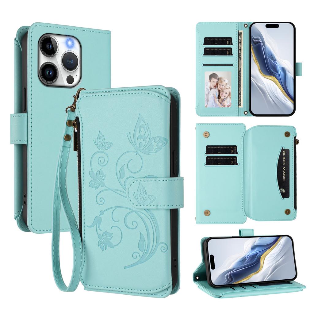 For iPhone 15 Pro Leather Case Butterfly Floral Imprint Zipper Wallet Stand Cover with Wrist Strap