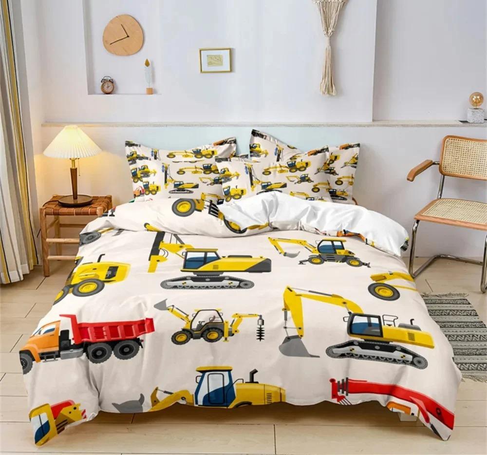 Cartoon Car Bedding Set Construction Vehicles Comforter Cover 3pcs Kids Machinery Truck Soft Polyester Duvet Cover for Boys Gift