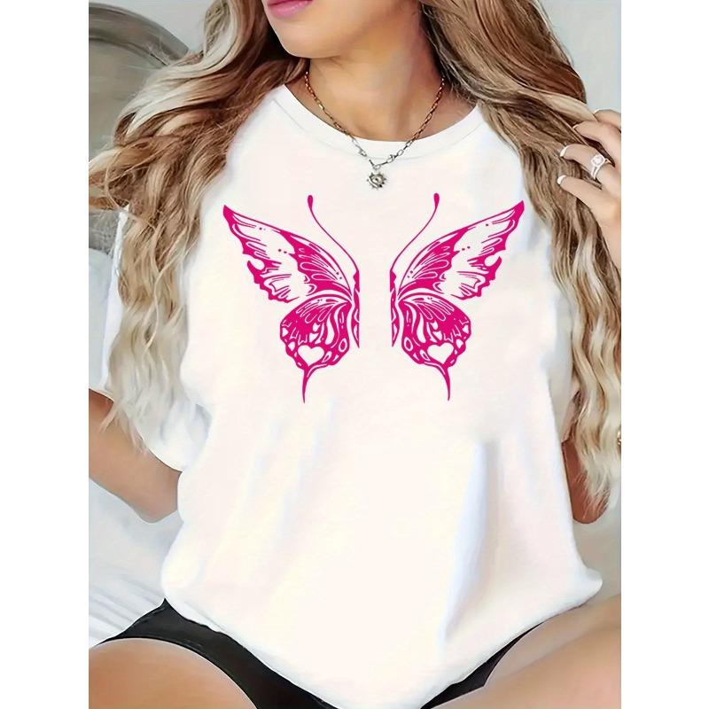 Single-Piece 2026 Summer Women'S Round-Neck T-Shirt | Fashionable Pink Butterfly Print, Stylish And Unique Product, Casual Fit With Short Sleeves