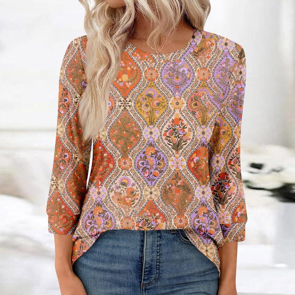 Damenmode, lässig, Rundhalsausschnitt, 3/4-Ärmel, lockeres bedrucktes T-Shirt, Damen-Top