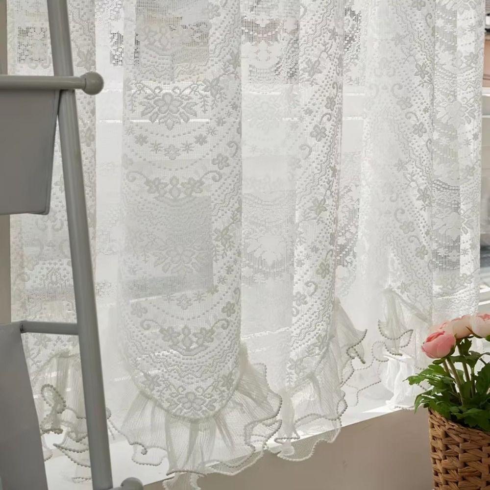 Embroidered Ruffled Lace Short Sheer Curtain Floral Short Tulle Drapery Kitchen