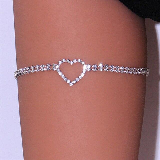 Motýlí/srdíčkový štrasový řetízek na nohy pro ženy Luxusní stříbrná barva/zlatá barva Full Bling Iced Out Body Stehno