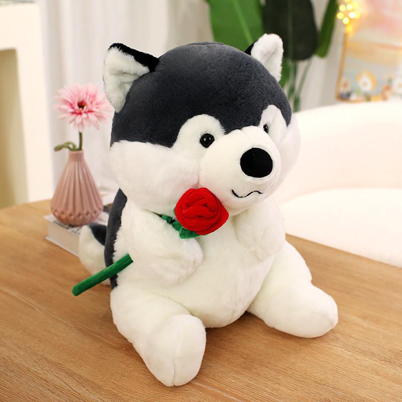 Cute Cartoon Handheld Rose Husky Plush Stuffed Toy Pillow For Room Decoration