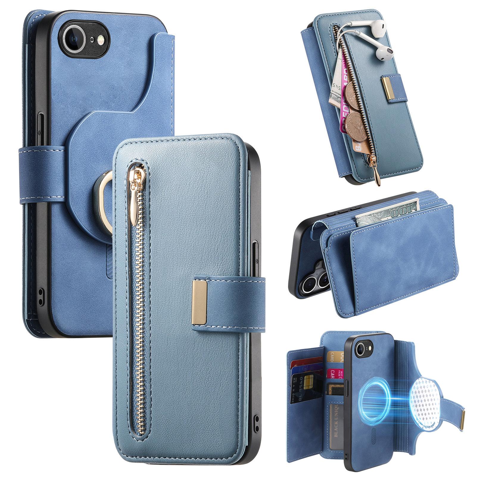 

For iPhone 16e Magnetic Leather Case with Detachable RFID Blocking Zipper Wallet Cover B