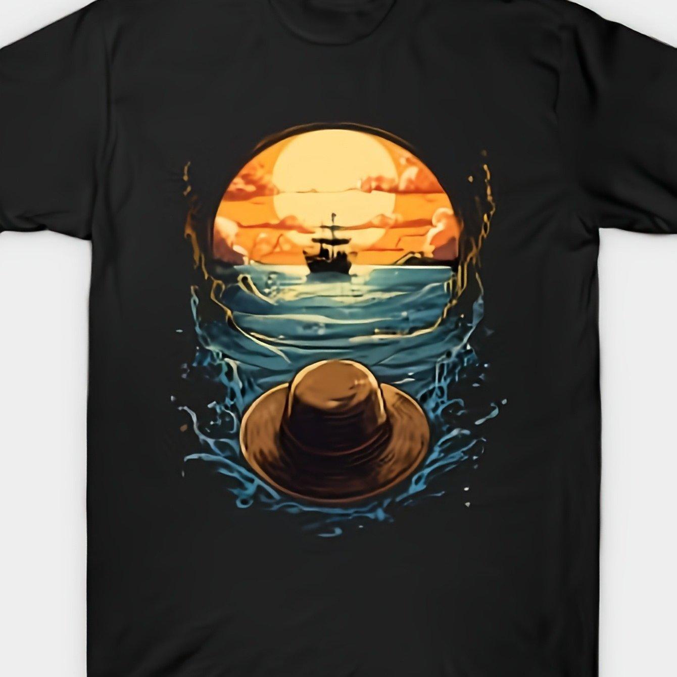 Pirate Ship Sunset Hat Graphic Tee Men Loose Fit Heavyweight Cotton Anime Casual TShirt S