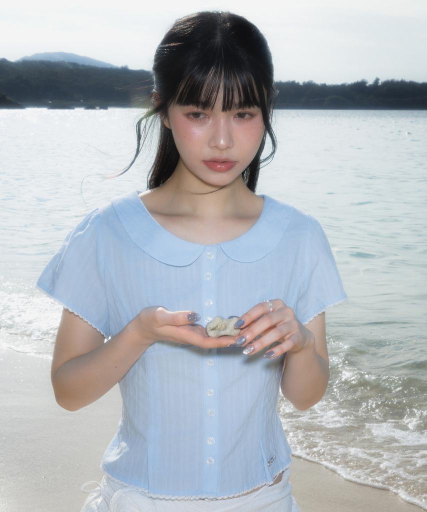 ROSEFRANTZ Round Collar Short Sleeve Blouse [Sky Blue]