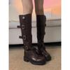Rindslederversion~ Retro braune Lokomotiv-Gürtelschnalle lange Stiefel Damen dicksohlig dickabsätzig großer Schaft um das Knie Ritterstiefel