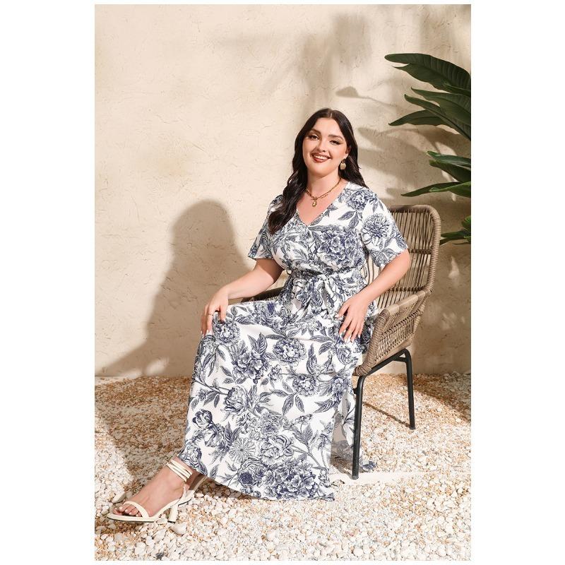 Summer Women Dress Short Sleeve High Waist V-Neck Midi Dress Plus Size Sexy Temperament Print Dress