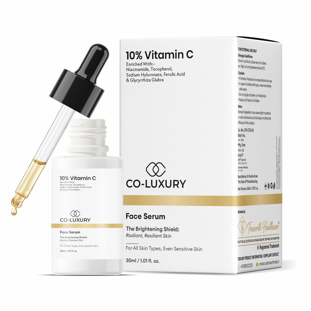 CO Luxus 10% Vitamin C Gesichtsserum mit Niacinamid & Hyaluronsäure | Aufhellend, Feuchtigkeitsspendend, Entfernung von Pigmentflecken | Für Alle Hauttypen 30ml (Neuer Pa