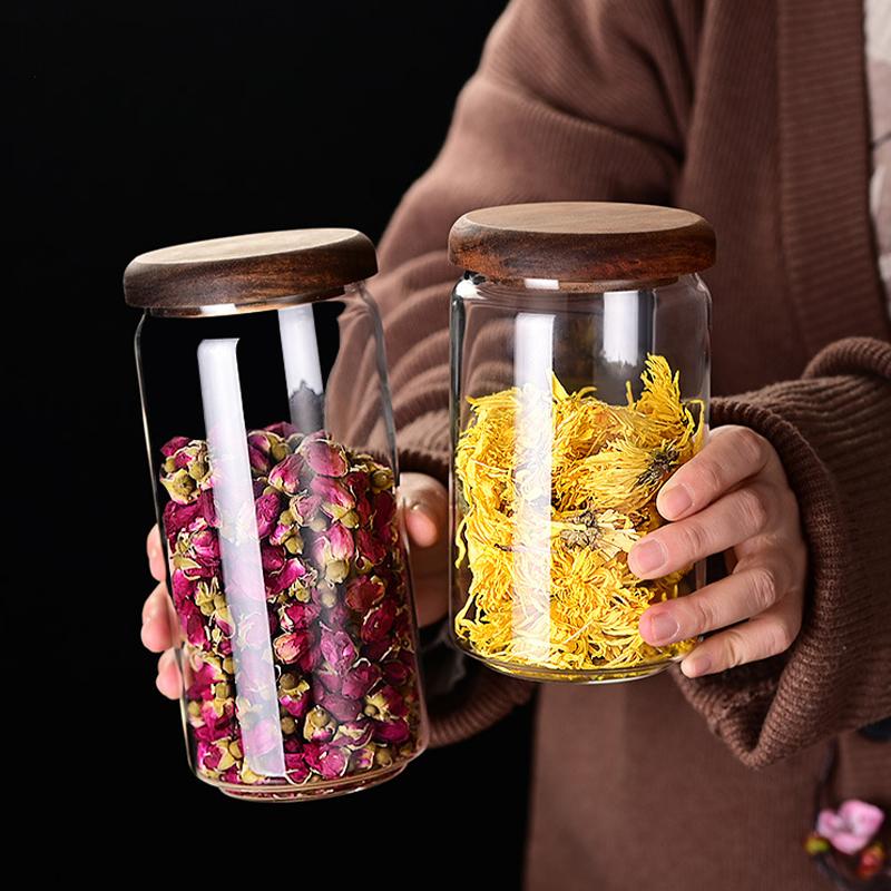 Glasbehälter mit Holzdeckel, luftdicht, für Teeblüten, Süßigkeiten und Kaffee, Küchenaufbewahrungsglas