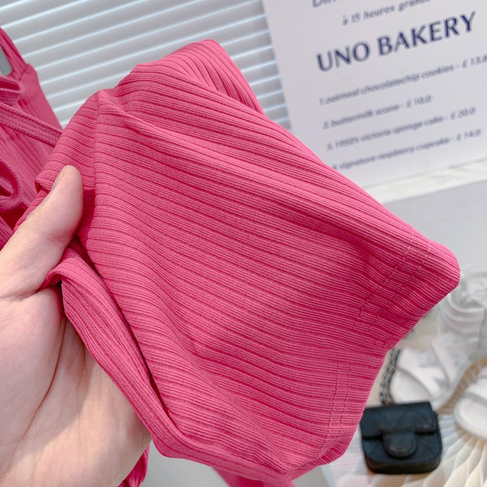 Girls Clothing Set Summer Korean Children Set Girls Stripe Knitted Short Sleeve+Red Wide Leg Pants 2 Sets