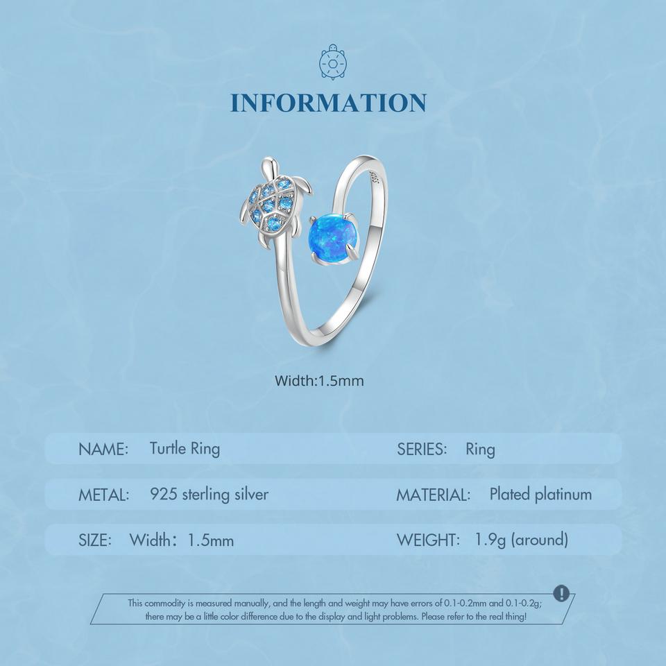 WOSTU Real 925 Sterling Silver Blue Turtle Fire Opal Opening Ring For Women Ocean Animal Stackable Ring Party Jewelry Gift