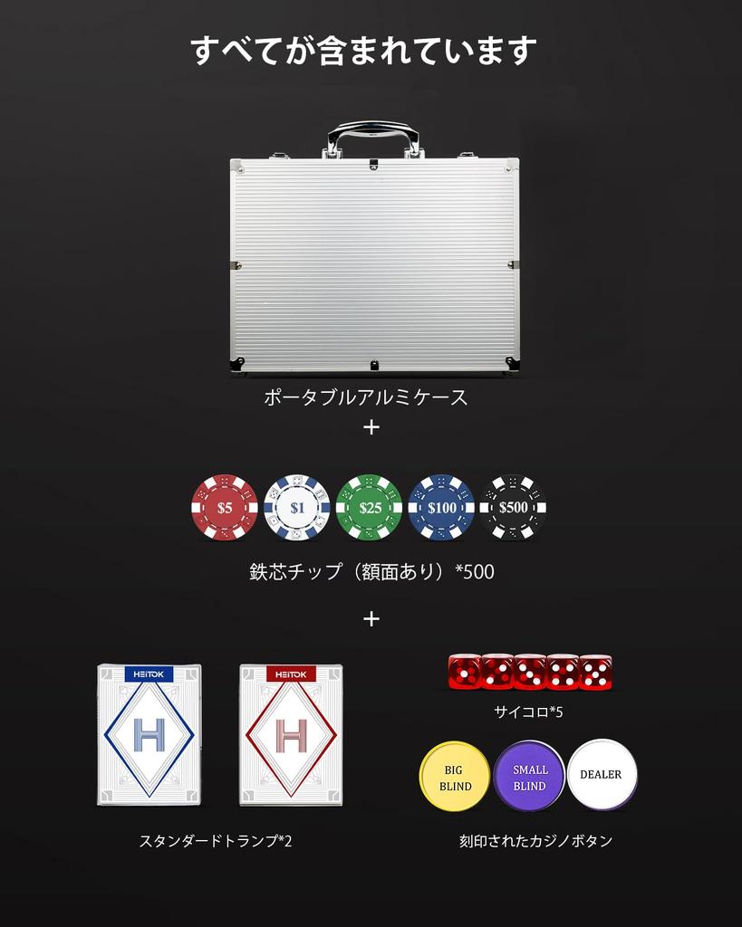 HEITOK Poker Chips 500 Pieces Poker Set with Numbers Aluminum Case Set Compatible with Texas Includes 5 Dice and 2 Sets of Playing Cards 11.5g