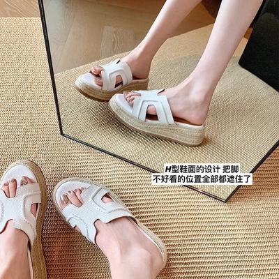 Sheepskin Version~ Zhao Ruth's Same One-word Cool Slippers for Women's Summer Wear Straw-woven Muffin Shoes, Platform-soled High-heeled Sandals