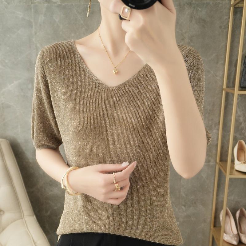 V-neck Sweater Thin Short-sleeved Women's Summer Loose Versatile T-shirt Close-fitting Comfortable Top