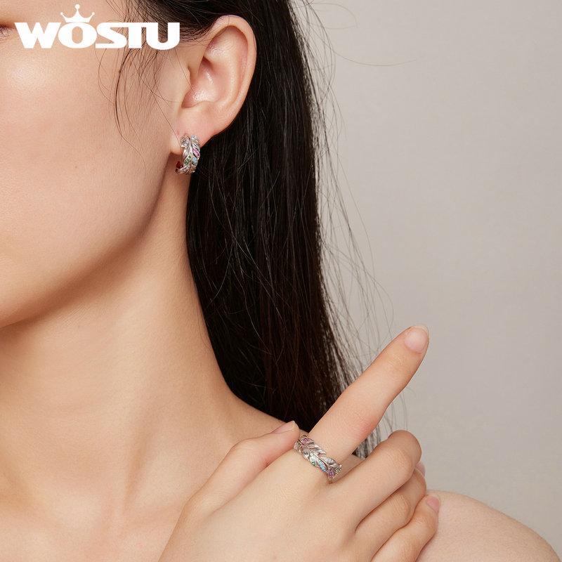WOSTU 925 Sterling Silver Jemný barevný prsten se zirkonovým peřím pro ženy Dárek k narozeninám Elegantní jemné šperky
