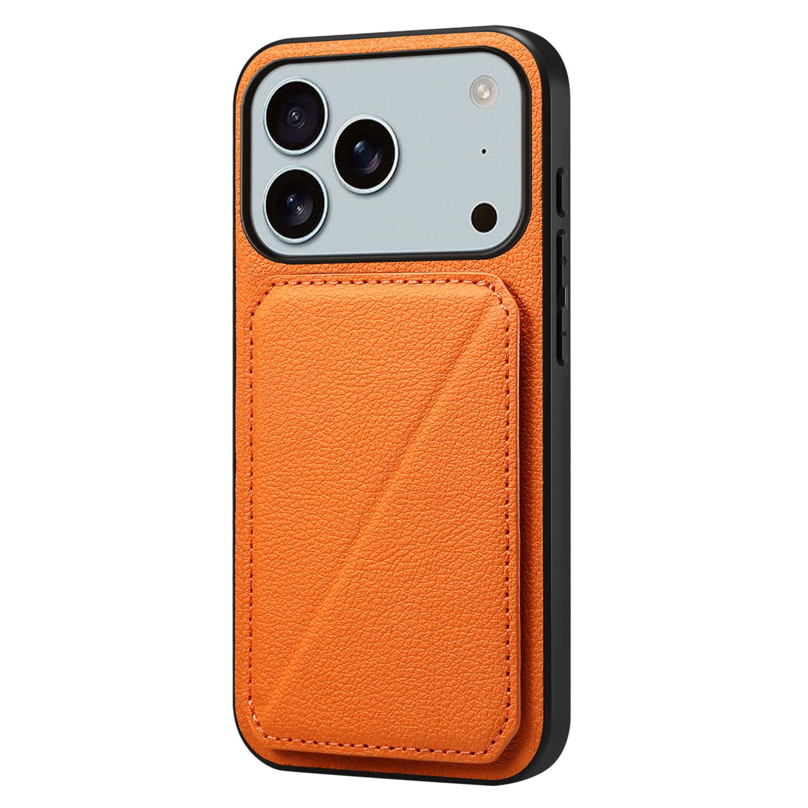 

For iPhone 17 Pro Max Case Card Holder Kickstand Calf Textured Leather+PC+TPU Phone Cover Orange