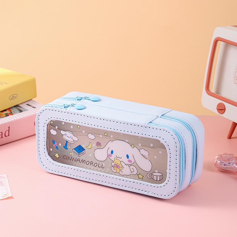 Kuromi Hello Kitty Melody Cinnamoroll Transparente doppelwandige Federtasche für Kinder und Schüler