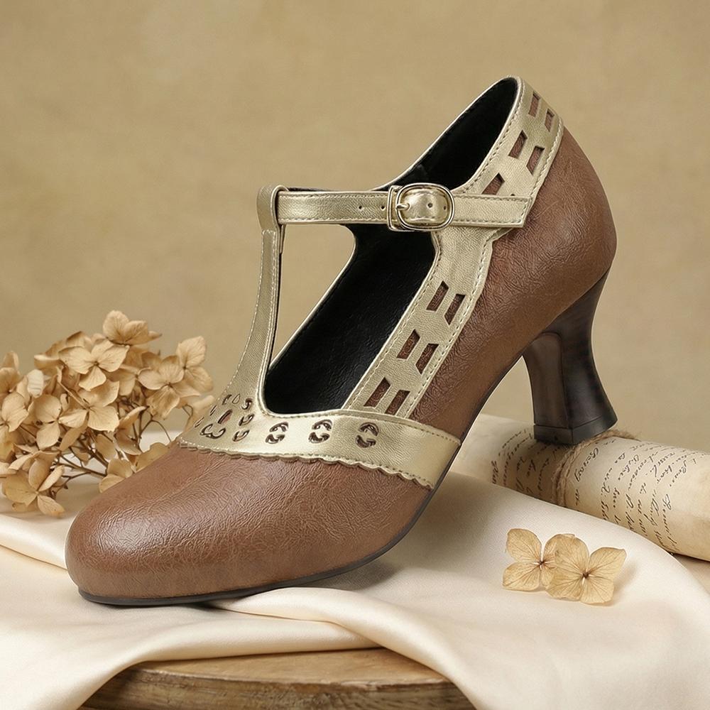 Women T-Strap Pumps  Kitten High Heels Cutout PU Shoes Small Oversize Plu Size 32 50