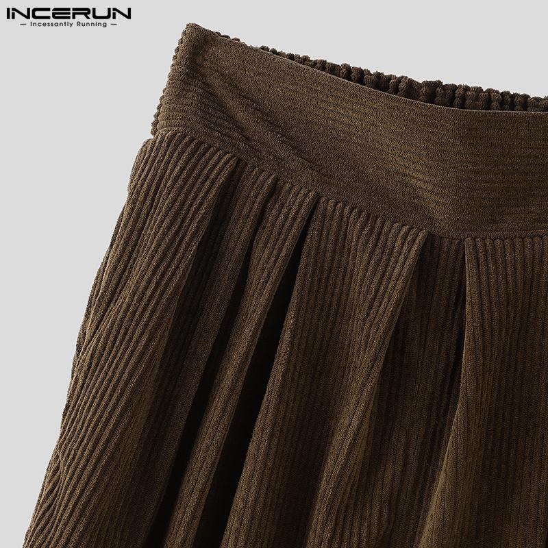 INCERUN Men Zipper High Waist Long Corduroy Casual Wide Leg Pants With Pockets
