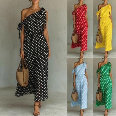 Women's One Shoulder Tie Strap Polka Dot Maxi Dress Elastic Waist Sleeveless Casual Long Dress