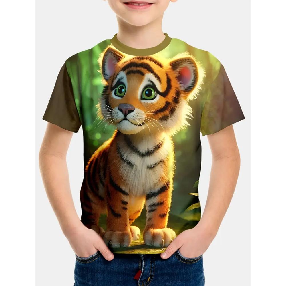 T-Shirts for Boys Cute Cartoon Tiger 3D Print Short Sleeves Graphic T Shirts Fun Children's Clothing Sporting Style Boys Clothes